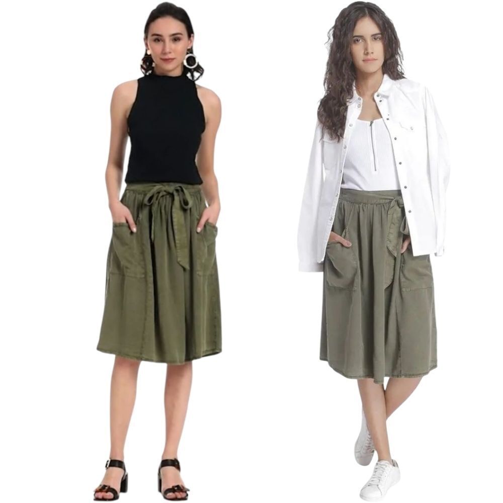 Vero Moda Olive military Green Khaki Lyocell Full Midi Skirt SMALL pockets